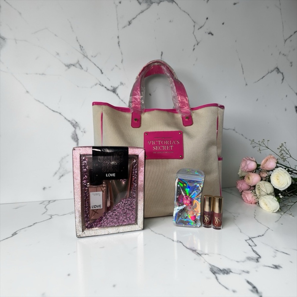 Victoria's Secret Vintage Beige Tote with Hot Pink Accents Set NEW